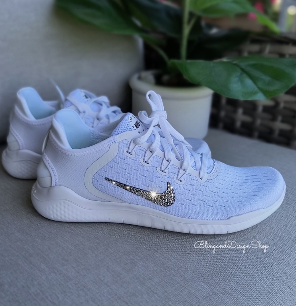 Bling Nike Free RN 2018 White Sneakers Customized with Crystal Rhinestones - Picture 3 of 4